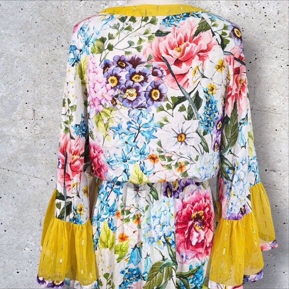 Aratta Silent Journey Ibiza Shirt Dress Medium White Floral Bell Sleeves Boho - Picture 7 of 16